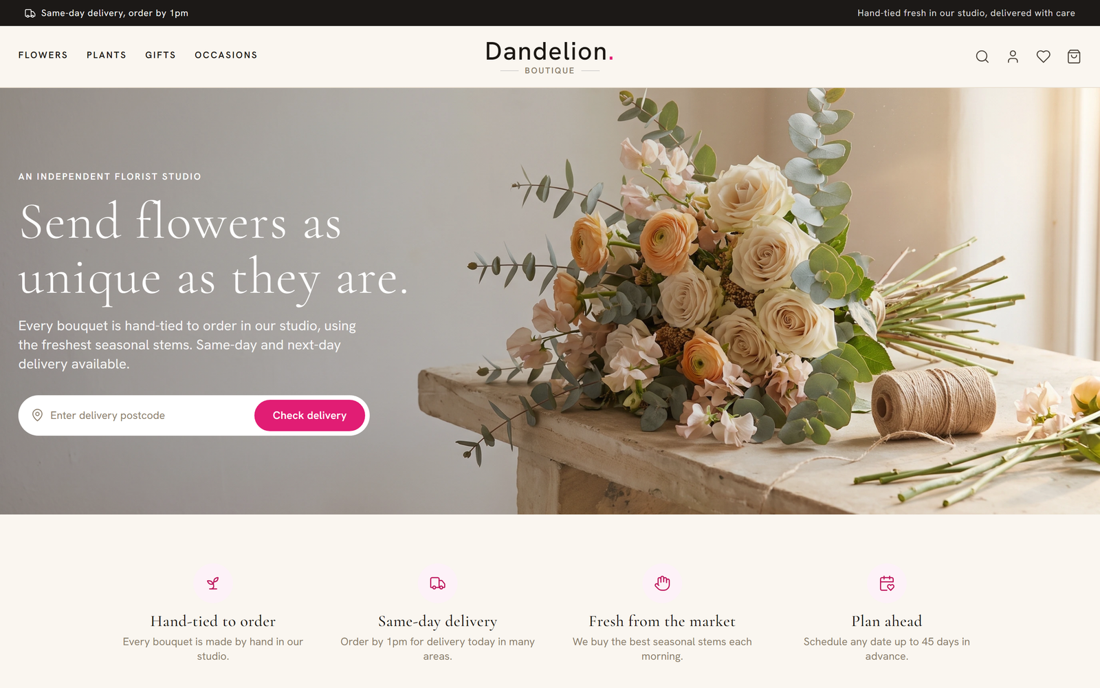 Screenshot of the Dandelion Boutique website, Brand · Editorial Design