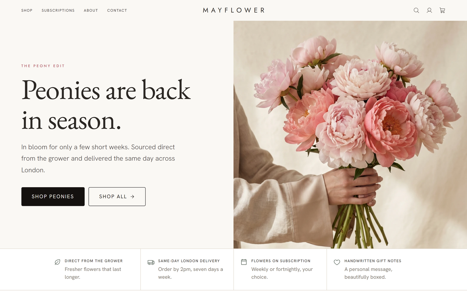 Screenshot of the Mayflower website, Ecommerce · Subscriptions