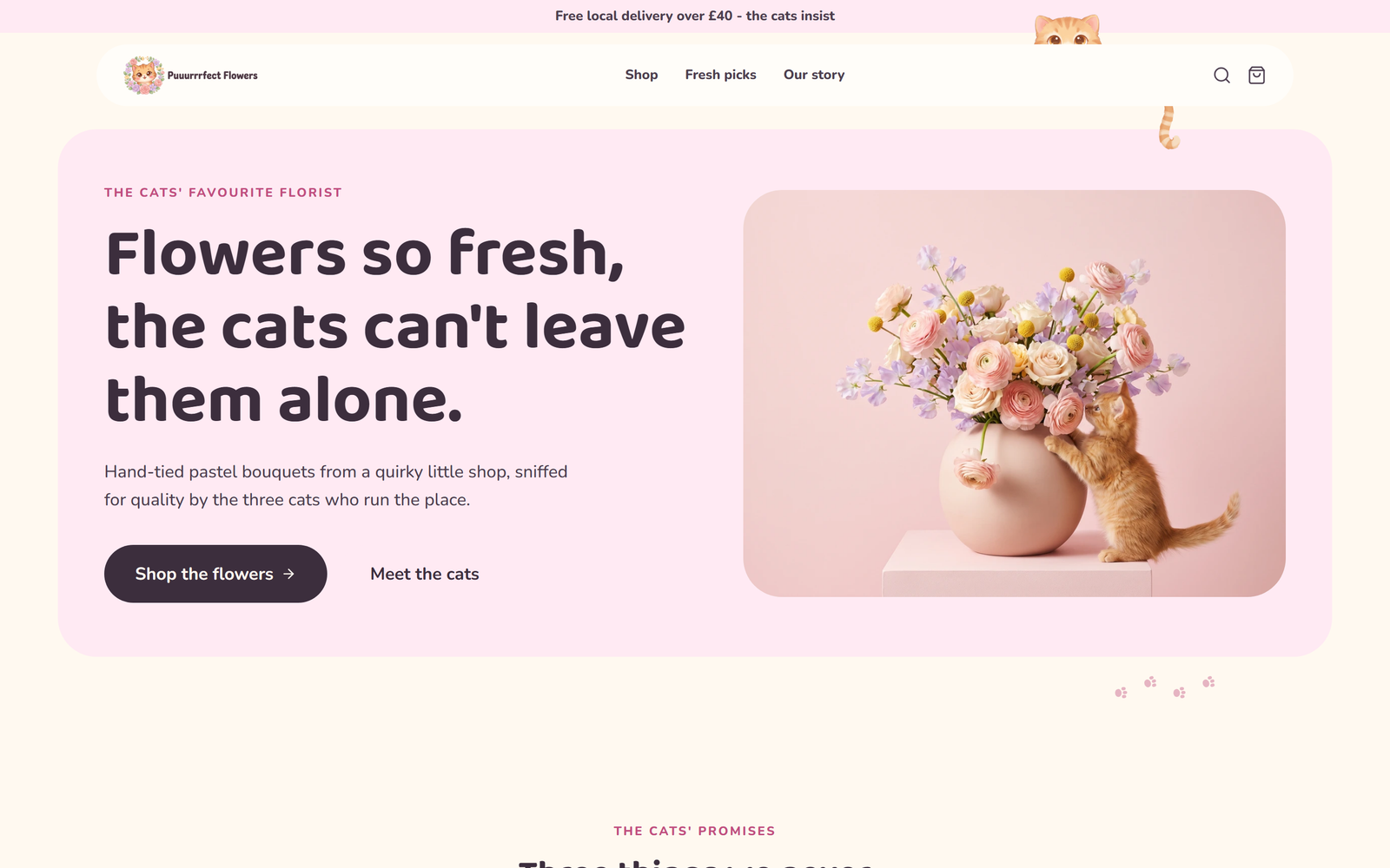 Screenshot of the Puuurrrfect Flowers website, Brand · Custom Illustration